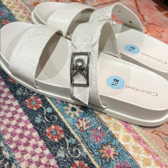 NWT!! Calvin Klein Women's White Dual-Strap Slide Sandals - Picture 2 of 5